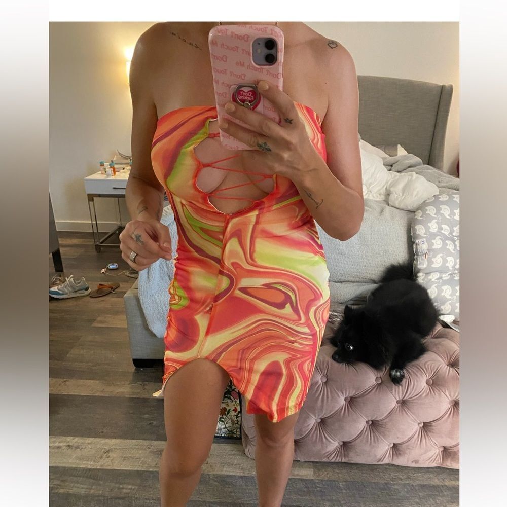 [miss lola] orange psychedelic mesh strapless dress #1